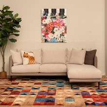 Load image into Gallery viewer, Meet our Moire Sectional Chaise Sofa: a perfect balance of style and comfort. With curved leather armrests, feather-filled back cushions, and removable fabric covers, it optimizes your living space. Versatile and chic, it's the ultimate addition to your home, ensuring both relaxation and style in a compact design.