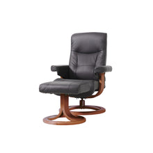 Load image into Gallery viewer, This recliner boasts a luxuriously comfortable seat and back cushion, complemented by its rounded backrest which adapts to your body to ensure exceptional support. Boasting a sleek design and slim fit, this ergonomic leather lounge chair is ideal for bedrooms, living rooms, and all other interior spaces. Bergen lounge chair is designed with 360-degree swivel function and matching footstool, with a selection of four genuine bovine leather colors available for you to choose from.