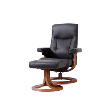Load image into Gallery viewer, This recliner boasts a luxuriously comfortable seat and back cushion, complemented by its rounded backrest which adapts to your body to ensure exceptional support. Boasting a sleek design and slim fit, this ergonomic leather lounge chair is ideal for bedrooms, living rooms, and all other interior spaces. Bergen lounge chair is designed with 360-degree swivel function and matching footstool, with a selection of four genuine bovine leather colors available for you to choose from.