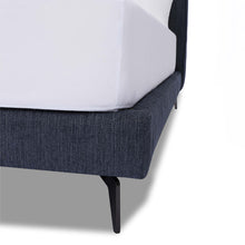 Load image into Gallery viewer, The Emery bedframe features a cushioned headboard, the flat surface can serve as a shelf for small items like phones, glasses and more. Additionally, the platform structure facilitates simple sheet-changing without having to lift the mattress - a feature your back is sure to appreciate. Choice of fabric available.