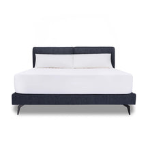 Load image into Gallery viewer, The Emery bedframe features a cushioned headboard, the flat surface can serve as a shelf for small items like phones, glasses and more. Additionally, the platform structure facilitates simple sheet-changing without having to lift the mattress - a feature your back is sure to appreciate. Choice of fabric available.