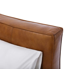 Load image into Gallery viewer, The Emery bedframe features a cushioned headboard, the flat surface can serve as a shelf for small items like phones, glasses and more. Additionally, the platform structure facilitates simple sheet-changing without having to lift the mattress - a feature your back is sure to appreciate. Choice of leather available.