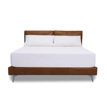 Load image into Gallery viewer, The Emery bedframe features a cushioned headboard, the flat surface can serve as a shelf for small items like phones, glasses and more. Additionally, the platform structure facilitates simple sheet-changing without having to lift the mattress - a feature your back is sure to appreciate. Choice of leather available.