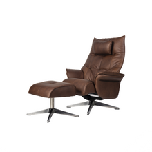 Load image into Gallery viewer, Constructed from a reinforced steel frame, the Hana Recliner Lounge Chair offers strength and stability, while the soft bovine leather upholstery envelops the user in comfort. With precision contouring to the back and sides, this chair showcases a dynamic design, and finely tailored stitching adds to its premium feel.