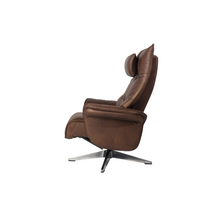 Load image into Gallery viewer, Constructed from a reinforced steel frame, the Hana Recliner Lounge Chair offers strength and stability, while the soft bovine leather upholstery envelops the user in comfort. With precision contouring to the back and sides, this chair showcases a dynamic design, and finely tailored stitching adds to its premium feel.