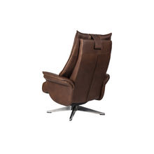 Load image into Gallery viewer, Constructed from a reinforced steel frame, the Hana Recliner Lounge Chair offers strength and stability, while the soft bovine leather upholstery envelops the user in comfort. With precision contouring to the back and sides, this chair showcases a dynamic design, and finely tailored stitching adds to its premium feel.