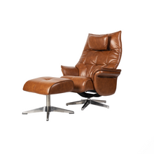 Load image into Gallery viewer, Constructed from a reinforced steel frame, the Hana Recliner Lounge Chair offers strength and stability, while the soft bovine leather upholstery envelops the user in comfort. With precision contouring to the back and sides, this chair showcases a dynamic design, and finely tailored stitching adds to its premium feel.