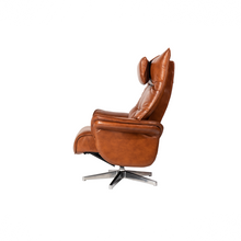 Load image into Gallery viewer, Constructed from a reinforced steel frame, the Hana Recliner Lounge Chair offers strength and stability, while the soft bovine leather upholstery envelops the user in comfort. With precision contouring to the back and sides, this chair showcases a dynamic design, and finely tailored stitching adds to its premium feel.
