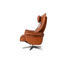 Load image into Gallery viewer, Constructed from a reinforced steel frame, the Hana Recliner Lounge Chair offers strength and stability, while the soft bovine leather upholstery envelops the user in comfort. With precision contouring to the back and sides, this chair showcases a dynamic design, and finely tailored stitching adds to its premium feel.