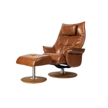 Load image into Gallery viewer, Constructed from a reinforced steel frame, the Hana Recliner Lounge Chair offers strength and stability, while the soft bovine leather upholstery envelops the user in comfort. With precision contouring to the back and sides, this chair showcases a dynamic design, and finely tailored stitching adds to its premium feel.