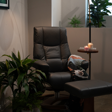 Load image into Gallery viewer, This recliner boasts a luxuriously comfortable seat and back cushion, complemented by its rounded backrest which adapts to your body to ensure exceptional support. Boasting a sleek design and slim fit, this ergonomic leather lounge chair is ideal for bedrooms, living rooms, and all other interior spaces. Oslo lounge chair is designed with 360-degree swivel function and matching footstool, with a selection of four genuine bovine leather colors available for you to choose from.