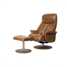 Load image into Gallery viewer, Leone recliner lounge chair emphasizes ergonomic comfort and environmental sustainability, providing visual and physical comfort for office, hospitality, and residential contexts. The butter-soft bovine leather upholstery envelops the user in comfort and a matching footrest offers full repose and relaxation.