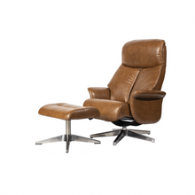 Load image into Gallery viewer, Leone recliner lounge chair emphasizes ergonomic comfort and environmental sustainability, providing visual and physical comfort for office, hospitality, and residential contexts. The butter-soft bovine leather upholstery envelops the user in comfort and a matching footrest offers full repose and relaxation.
