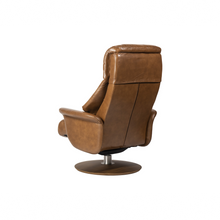 Load image into Gallery viewer, Leone recliner lounge chair emphasizes ergonomic comfort and environmental sustainability, providing visual and physical comfort for office, hospitality, and residential contexts. The butter-soft bovine leather upholstery envelops the user in comfort and a matching footrest offers full repose and relaxation.