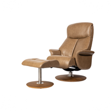Load image into Gallery viewer, Leone recliner lounge chair emphasizes ergonomic comfort and environmental sustainability, providing visual and physical comfort for office, hospitality, and residential contexts. The butter-soft bovine leather upholstery envelops the user in comfort and a matching footrest offers full repose and relaxation.