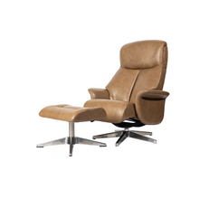Load image into Gallery viewer, Leone recliner lounge chair emphasizes ergonomic comfort and environmental sustainability, providing visual and physical comfort for office, hospitality, and residential contexts. The butter-soft bovine leather upholstery envelops the user in comfort and a matching footrest offers full repose and relaxation.