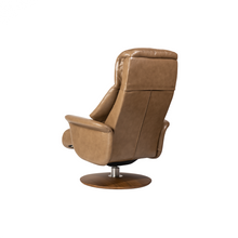 Load image into Gallery viewer, Leone recliner lounge chair emphasizes ergonomic comfort and environmental sustainability, providing visual and physical comfort for office, hospitality, and residential contexts. The butter-soft bovine leather upholstery envelops the user in comfort and a matching footrest offers full repose and relaxation.