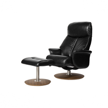 Load image into Gallery viewer, Leone recliner lounge chair emphasizes ergonomic comfort and environmental sustainability, providing visual and physical comfort for office, hospitality, and residential contexts. The butter-soft bovine leather upholstery envelops the user in comfort and a matching footrest offers full repose and relaxation.