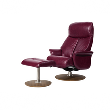 Load image into Gallery viewer, Leone recliner lounge chair emphasizes ergonomic comfort and environmental sustainability, providing visual and physical comfort for office, hospitality, and residential contexts. The butter-soft bovine leather upholstery envelops the user in comfort and a matching footrest offers full repose and relaxation.