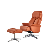 Load image into Gallery viewer, Leone recliner lounge chair emphasizes ergonomic comfort and environmental sustainability, providing visual and physical comfort for office, hospitality, and residential contexts. The butter-soft bovine leather upholstery envelops the user in comfort and a matching footrest offers full repose and relaxation.