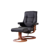 Load image into Gallery viewer, This recliner boasts a luxuriously comfortable seat and back cushion, complemented by its rounded backrest which adapts to your body to ensure exceptional support. Boasting a sleek design and slim fit, this ergonomic leather lounge chair is ideal for bedrooms, living rooms, and all other interior spaces. Oslo lounge chair is designed with 360-degree swivel function and matching footstool, with a selection of four genuine bovine leather colors available for you to choose from.