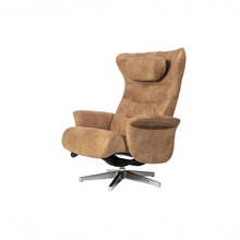 Load image into Gallery viewer, This Verra Recliner Lounge Chair has been crafted with its distinct minimalistic expression in mind, offering a contemporary and slim silhouette with various base options. Its ergonomic shape is further enhanced by a curved neck pillow which ensures long-lasting comfort, while the steel frame and molded cold cure friction-fit polyurethane foam provide a solid yet pliable seating experience. Choose from a selection of leather colours for full personalisation.