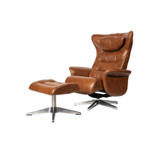 Load image into Gallery viewer, This Verra Recliner Lounge Chair has been crafted with its distinct minimalistic expression in mind, offering a contemporary and slim silhouette with various base options. Its ergonomic shape is further enhanced by a curved neck pillow which ensures long-lasting comfort, while the steel frame and molded cold cure friction-fit polyurethane foam provide a solid yet pliable seating experience. Choose from a selection of leather colours for full personalisation.