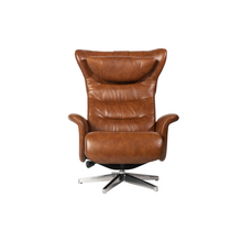 Load image into Gallery viewer, This Verra Recliner Lounge Chair has been crafted with its distinct minimalistic expression in mind, offering a contemporary and slim silhouette with various base options. Its ergonomic shape is further enhanced by a curved neck pillow which ensures long-lasting comfort, while the steel frame and molded cold cure friction-fit polyurethane foam provide a solid yet pliable seating experience. Choose from a selection of leather colours for full personalisation.