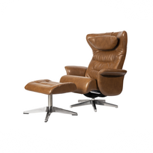 Load image into Gallery viewer, This Verra Recliner Lounge Chair has been crafted with its distinct minimalistic expression in mind, offering a contemporary and slim silhouette with various base options. Its ergonomic shape is further enhanced by a curved neck pillow which ensures long-lasting comfort, while the steel frame and molded cold cure friction-fit polyurethane foam provide a solid yet pliable seating experience. Choose from a selection of leather colours for full personalisation.