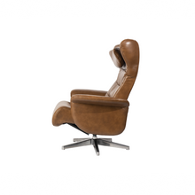 Load image into Gallery viewer, This Verra Recliner Lounge Chair has been crafted with its distinct minimalistic expression in mind, offering a contemporary and slim silhouette with various base options. Its ergonomic shape is further enhanced by a curved neck pillow which ensures long-lasting comfort, while the steel frame and molded cold cure friction-fit polyurethane foam provide a solid yet pliable seating experience. Choose from a selection of leather colours for full personalisation.