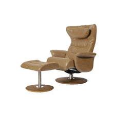 Load image into Gallery viewer, This Verra Recliner Lounge Chair has been crafted with its distinct minimalistic expression in mind, offering a contemporary and slim silhouette with various base options. Its ergonomic shape is further enhanced by a curved neck pillow which ensures long-lasting comfort, while the steel frame and molded cold cure friction-fit polyurethane foam provide a solid yet pliable seating experience. Choose from a selection of leather colours for full personalisation.