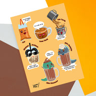 Sheet of cartoon character stickers on a colorful background