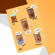 Load image into Gallery viewer, Cartoon coffee mugs with facial expressions on a yellow background
