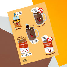 Load image into Gallery viewer, Cartoon illustrations of coffee and evaporated milk with facial expressions on a yellow background.
