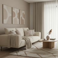 Modern living room with beige sofa, coffee table, and abstract art on the wall.