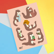 Load image into Gallery viewer, Sticker sheet with cartoon otters on a colorful background
