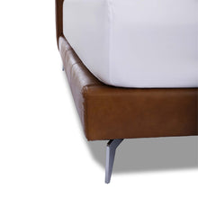 Load image into Gallery viewer, The Emery bedframe features a cushioned headboard, the flat surface can serve as a shelf for small items like phones, glasses and more. Additionally, the platform structure facilitates simple sheet-changing without having to lift the mattress - a feature your back is sure to appreciate. Choice of leather available.
