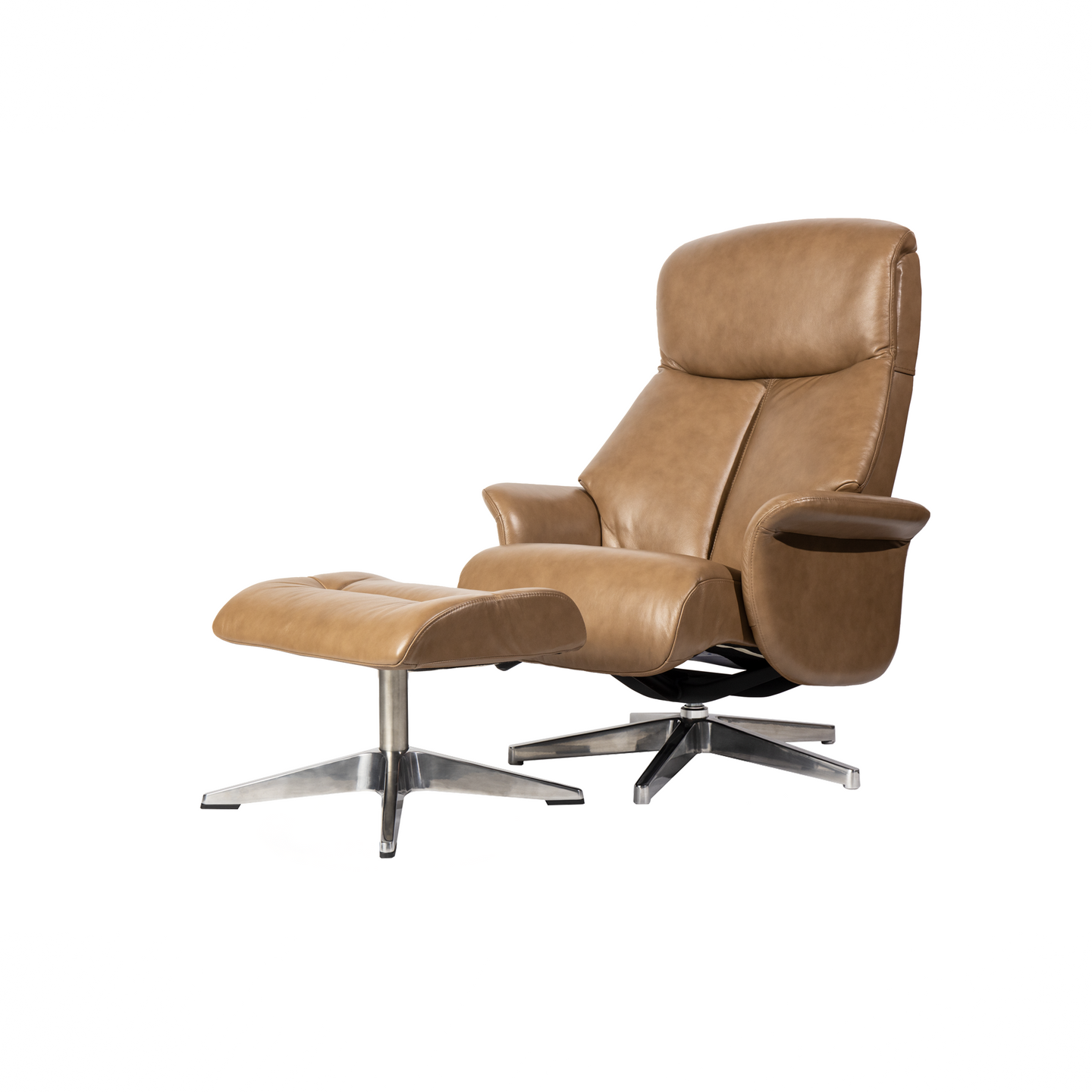 Leone recliner lounge chair emphasizes ergonomic comfort and environmental sustainability, providing visual and physical comfort for office, hospitality, and residential contexts. The butter-soft bovine leather upholstery envelops the user in comfort and a matching footrest offers full repose and relaxation.