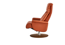 Load image into Gallery viewer, Leone recliner lounge chair emphasizes ergonomic comfort and environmental sustainability, providing visual and physical comfort for office, hospitality, and residential contexts. The butter-soft bovine leather upholstery envelops the user in comfort and a matching footrest offers full repose and relaxation.
