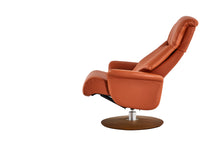 Load image into Gallery viewer, Leone recliner lounge chair emphasizes ergonomic comfort and environmental sustainability, providing visual and physical comfort for office, hospitality, and residential contexts. The butter-soft bovine leather upholstery envelops the user in comfort and a matching footrest offers full repose and relaxation.
